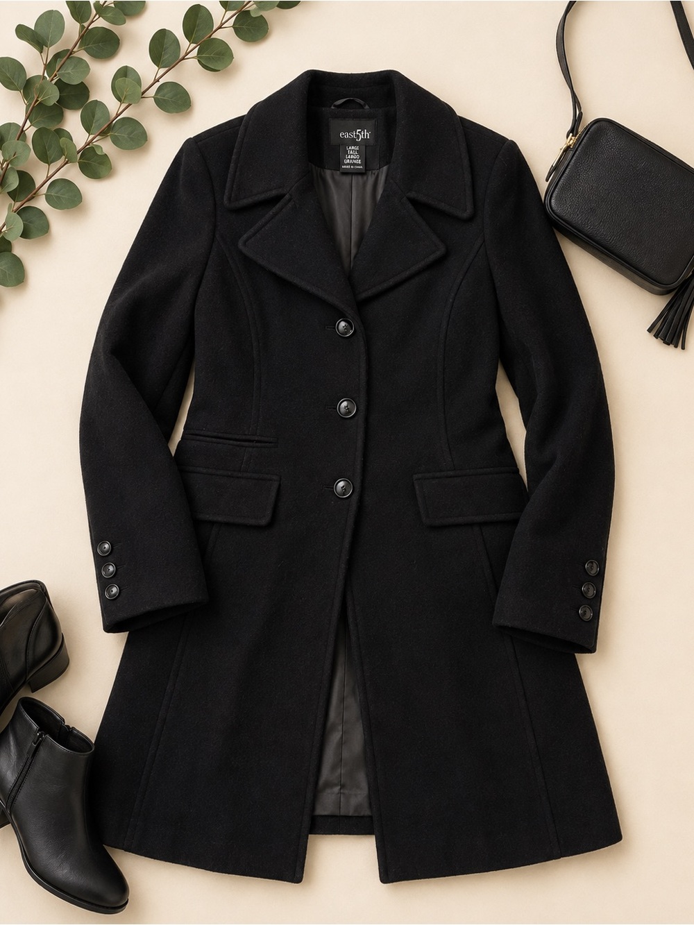 East 5th Black Wool Blend Long Coat Large Tall Classic Tailored
